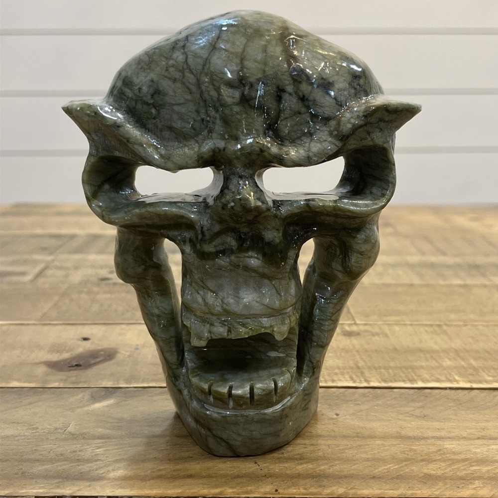 6" Natural Green Jade Mask skull hand carved Quartz Crystal Reiki Healing
